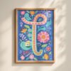 Letter T Floral Alphabet Decor - Girl Nursery Initial Poster - Whimsical Folk Flower Monogram - Baby Shower Gift