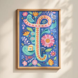 Letter T Floral Alphabet Decor - Girl Nursery Initial Poster - Whimsical Folk Flower Monogram - Baby Shower Gift