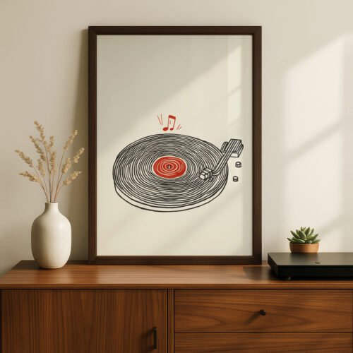 Vinyl Record Minimal Line Black and Red Art - Gift for Record Lover