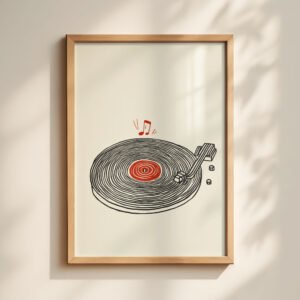 Vinyl Record Minimal Line Black and Red Art - Gift for Record Lover