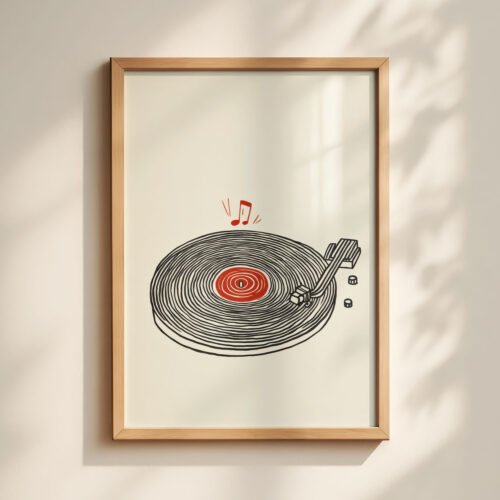 Vinyl Record Minimal Line Black and Red Art - Gift for Record Lover