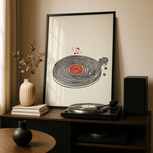 Vinyl Record Minimal Line Black and Red Art - Gift for Record Lover