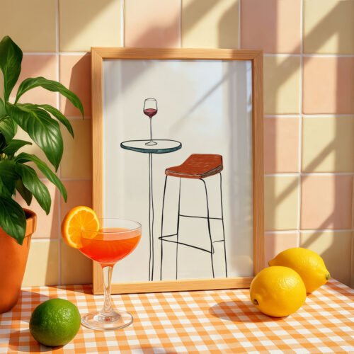 Bar Stool Art - Wine Time Print - Retro Furniture Illustration