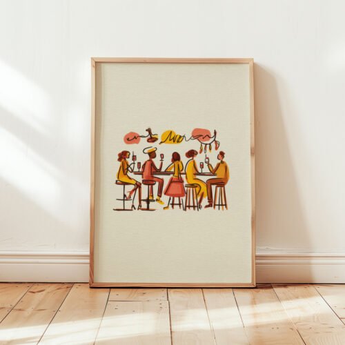 People-at-the-bar_6 Lively Bar Scene - Cozy Crowd Print - Cafe Interior Wall Art