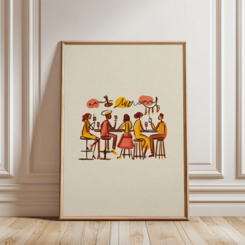People-at-the-bar_7 Lively Bar Scene - Cozy Crowd Print - Cafe Interior Wall Art
