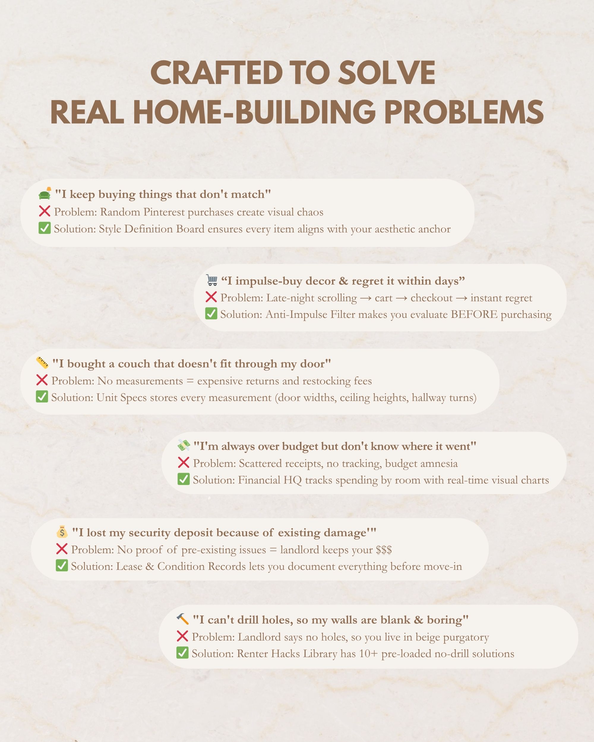 Real renter decorating scenarios the Notion OS resolves — lost receipts, repeat-buying across apartments, untracked paint codes, mismatched permanent versus temporary spend