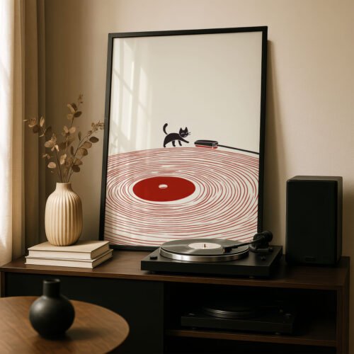 Black Cat with Red Vinyl Wall Art - Gift for Vinyl Lover