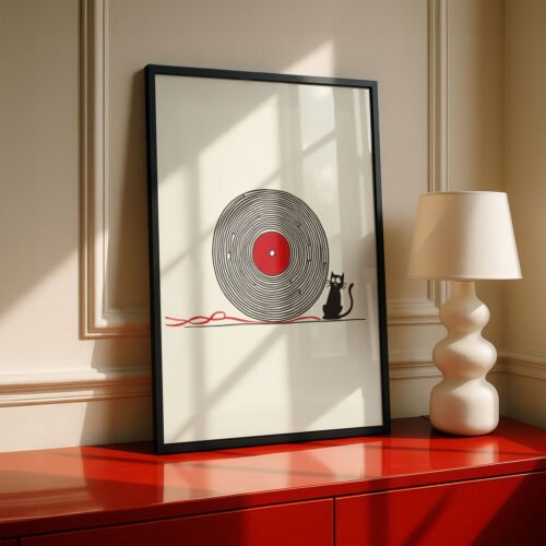 Black cat with Vinyl Red Accent - Gift for Vinyl and Cat Lover