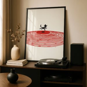 Black Cat with Red Vinyl Wall Art - Gift for Vinyl Lover
