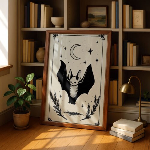 image.png The Bat Tarot Card Style Print - Gothic Vampire Decor - Nocturnal Animal Illustration