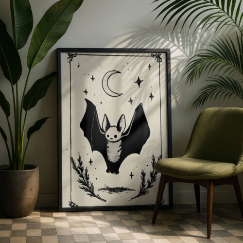 image.png The Bat Tarot Card Style Print - Gothic Vampire Decor - Nocturnal Animal Illustration