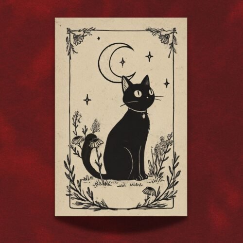 The Black Cat Familiar Print - Witchy Wall Art - Mystic Feline Tarot Card Style