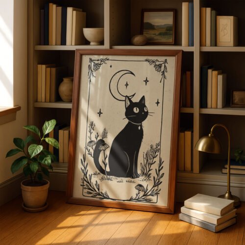 The Black Cat Familiar Print - Witchy Wall Art - Mystic Feline Tarot Card Style