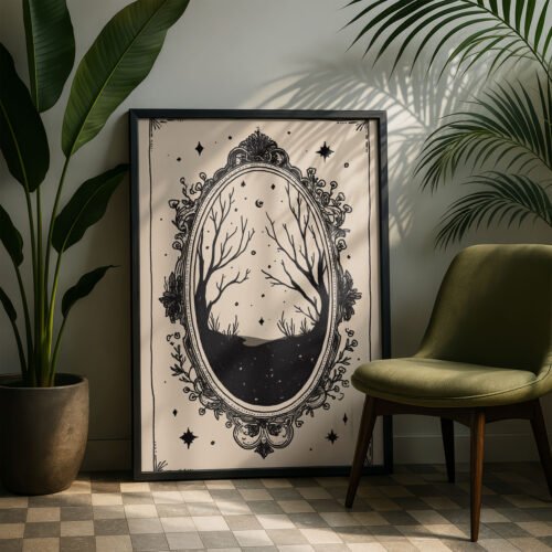 The Magic Mirror Art Print - Scrying Tool Illustration - Witchy Vanity Wall Decor