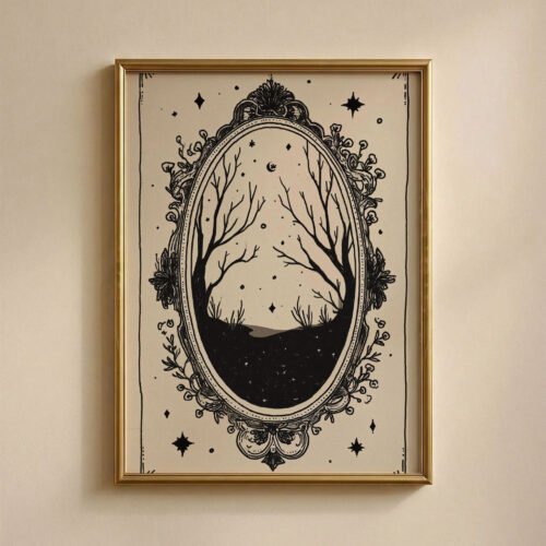 The Magic Mirror Art Print - Scrying Tool Illustration - Witchy Vanity Wall Decor