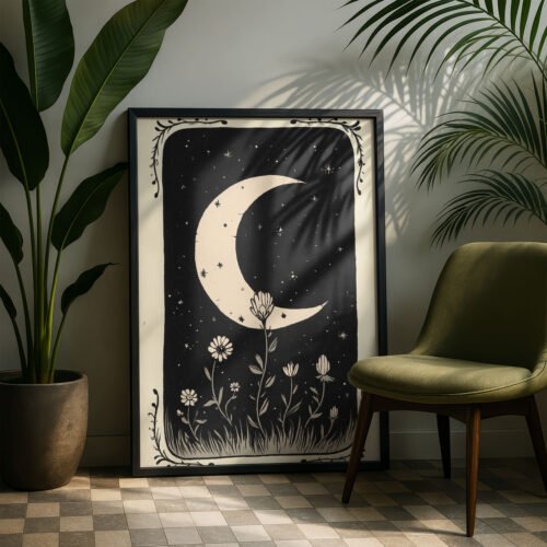 The Crescent Moon Tarot Print - Celestial Wall Art - La Luna Astrology Illustration