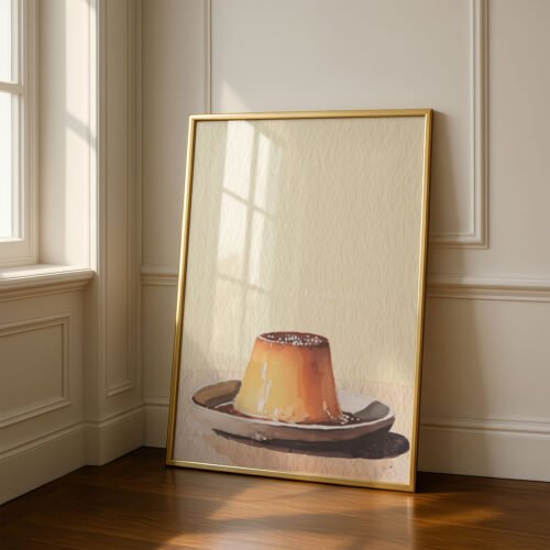 Caramel Flan Pudding Print - Creme Caramel Art - Retro Dessert Illustration