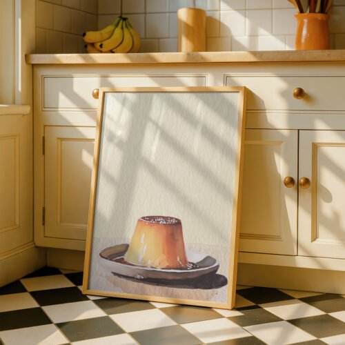 Caramel Flan Pudding Print - Creme Caramel Art - Retro Dessert Illustration