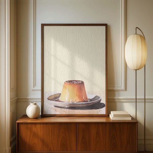 Caramel Flan Pudding Print - Creme Caramel Art - Retro Dessert Illustration
