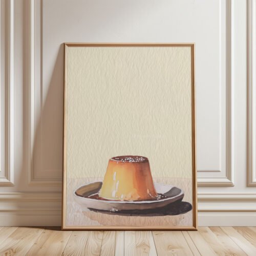 Caramel Flan Pudding Print - Creme Caramel Art - Retro Dessert Illustration