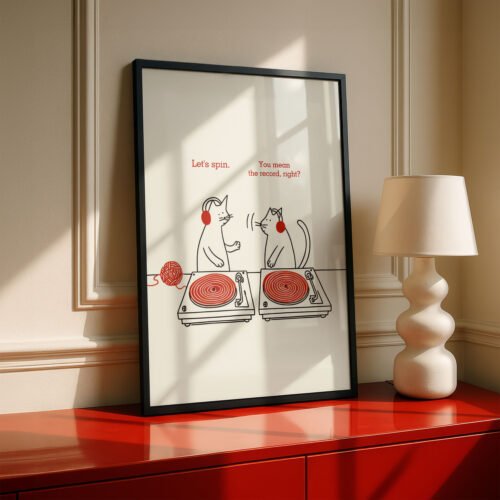 Two cats as DJ, Vinyl Record Cat Wall Art - Music Room Decor