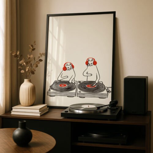 Two cats as DJ, Vinyl Record Cat Wall Art - Music Room Decor