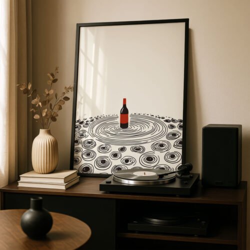Wine and Vinyl Record Art Print, Red Accents