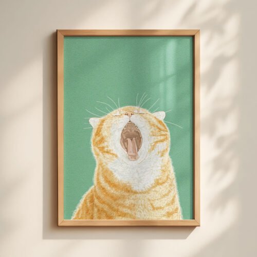 Whimsical Yawning Cat - Dreamy Sleepy Art - Soft Sage Green Decor