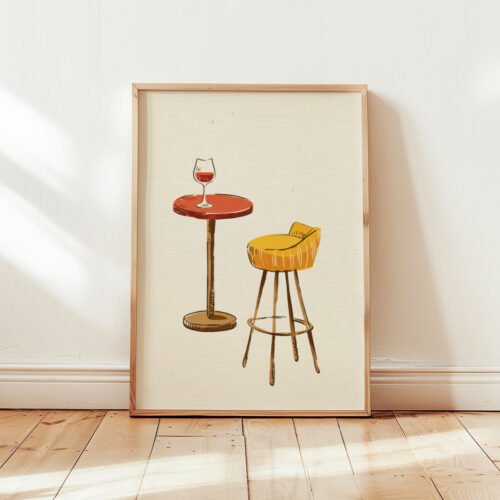 Bar Stool Art - Wine Time Print - Retro Furniture Illustration