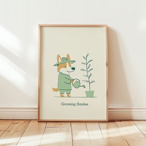 Corgi Garderner Portrait – Whimsical Dog Printable Illustration, Cute Pet Wall Art