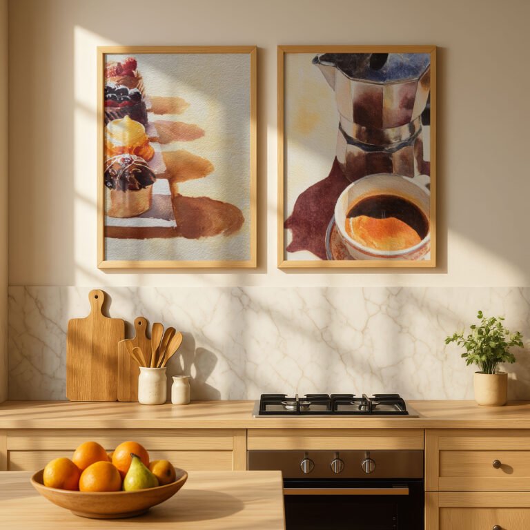 Watercolor Kitchen Wall Art: The Golden Bakery Mornings Collection