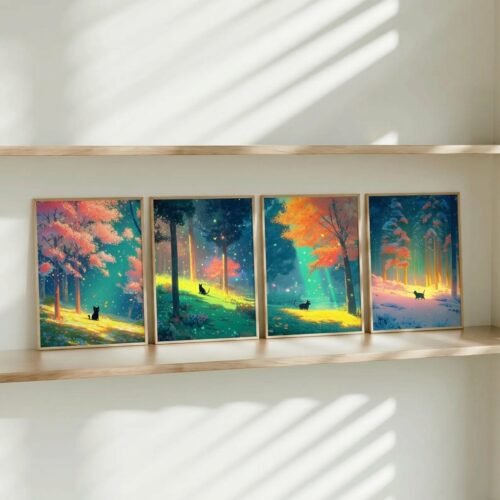 Set of 4 - Four Seasons Wall Art Print Set - Black Cat In The Woods