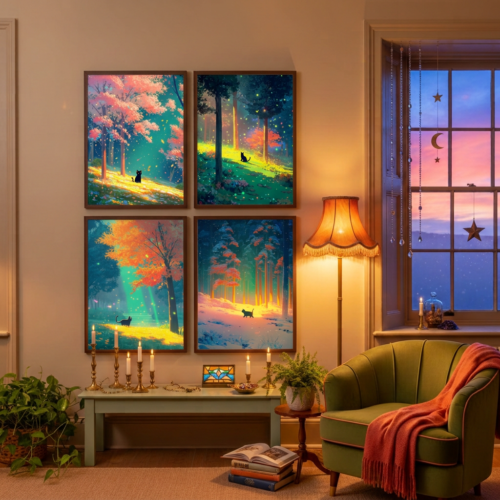 Set of 4 - Four Seasons Wall Art Print Set - Black Cat In The Woods