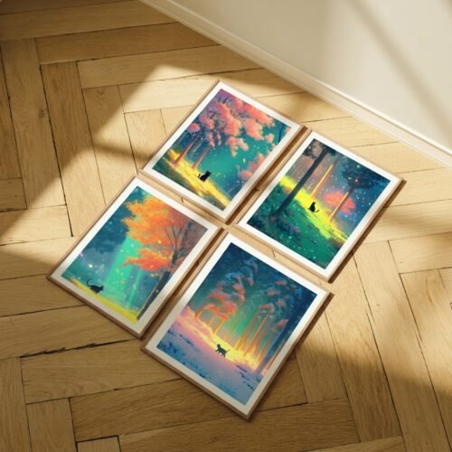 Set of 4 - Four Seasons Wall Art Print Set - Black Cat In The Woods