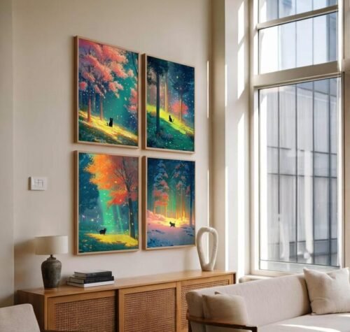 Set of 4 - Four Seasons Wall Art Print Set - Black Cat In The Woods