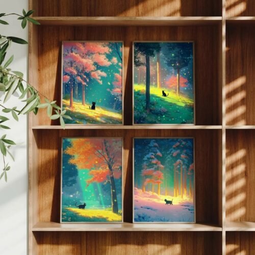 Set of 4 - Four Seasons Wall Art Print Set - Black Cat In The Woods