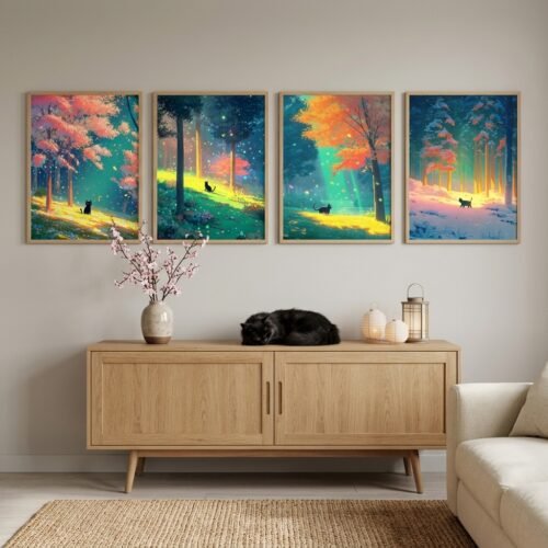 Set of 4 - Four Seasons Wall Art Print Set - Black Cat In The Woods