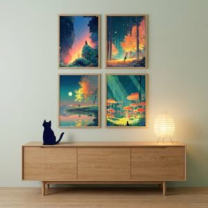 Set of 4 - The Silent Explorer - Moody Fantasy Forest Cat Gallery Wall