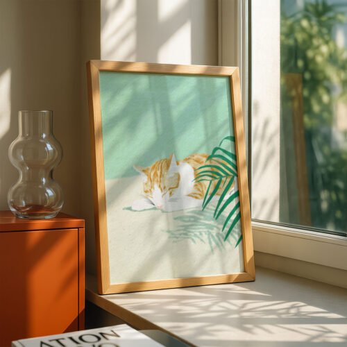 Sunbathing Cat Art Print - Lazy Sunday Vibes - Relaxing Bedroom Decor