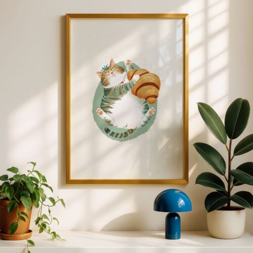 image.png Cat with Croissant - Cute Cat Food Print - Cartoon Pet Art