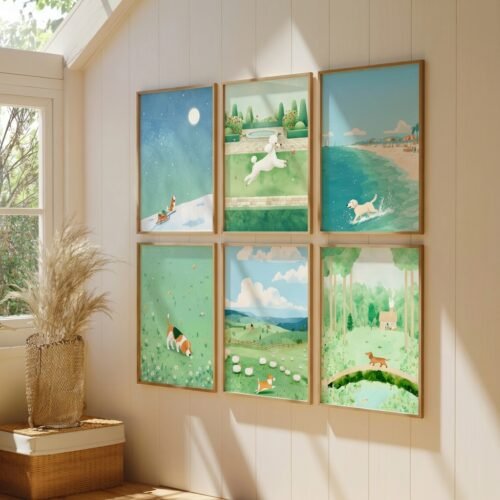 Set of 6 - The Nature Pups - Large Nursery Dog Illustration Gallery Wall