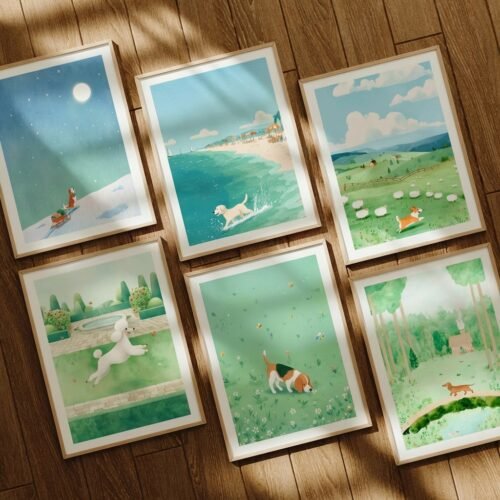 Set of 6 - The Nature Pups - Large Nursery Dog Illustration Gallery Wall