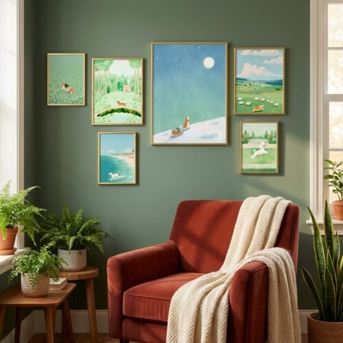 Set of 6 - The Nature Pups - Large Nursery Dog Illustration Gallery Wall