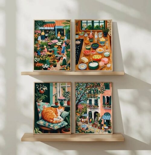 Set of 4 - A Weekend in Provence - Flower Market and Cafe Wall Art
