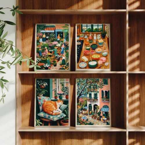 Set of 4 - A Weekend in Provence - Flower Market and Cafe Wall Art