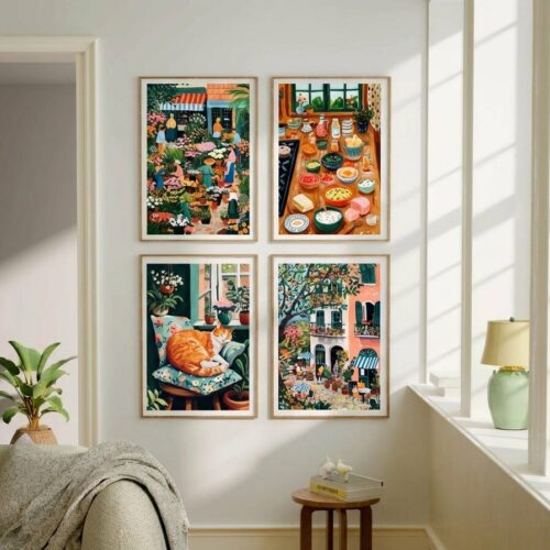 Set of 4 - A Weekend in Provence - Flower Market and Cafe Wall Art