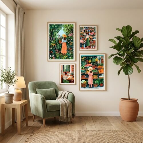 Set of 4 - Her Slow Living Diary - Whimsical Botanical Lady Prints