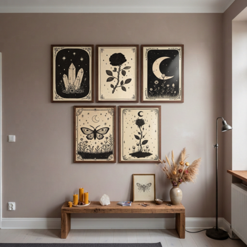 Set of 5 - The Alchemist's Garden - Witchy Crystal and Flower Art Prints