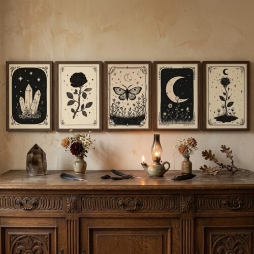 Set of 5 - The Alchemist's Garden - Witchy Crystal and Flower Art Prints