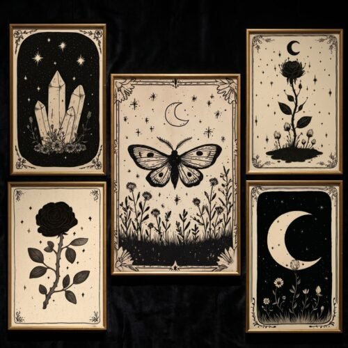Set of 5 - The Alchemist's Garden - Witchy Crystal and Flower Art Prints